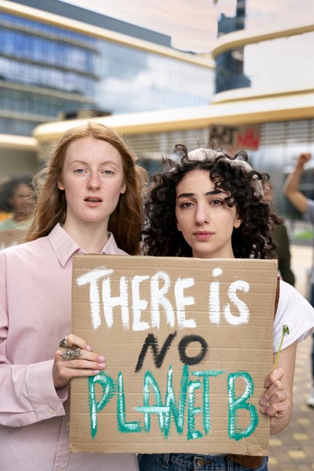 Two young activists hold a sign reading ‘There is no planet B’ at a climate protest