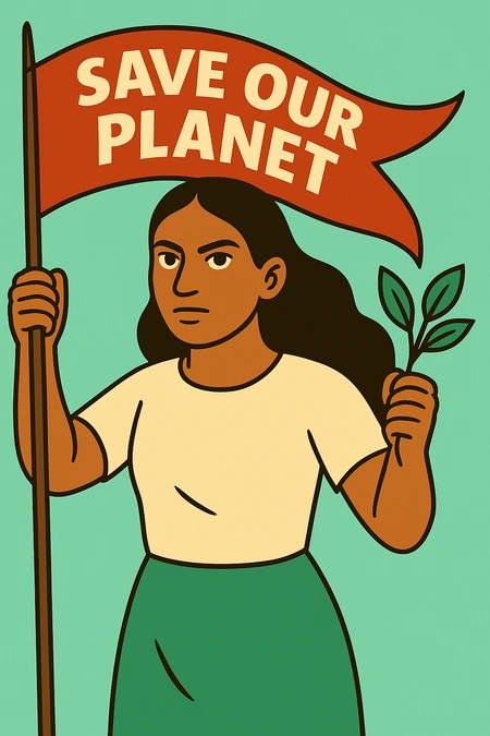 Poster of young woman holding a banner with the slogan 'Save our planet'